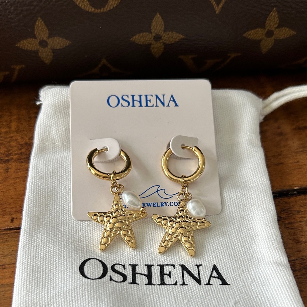 Oshena designer beachwear Gold‎ Pearl Starfish Earrings FREE jewelry BOX